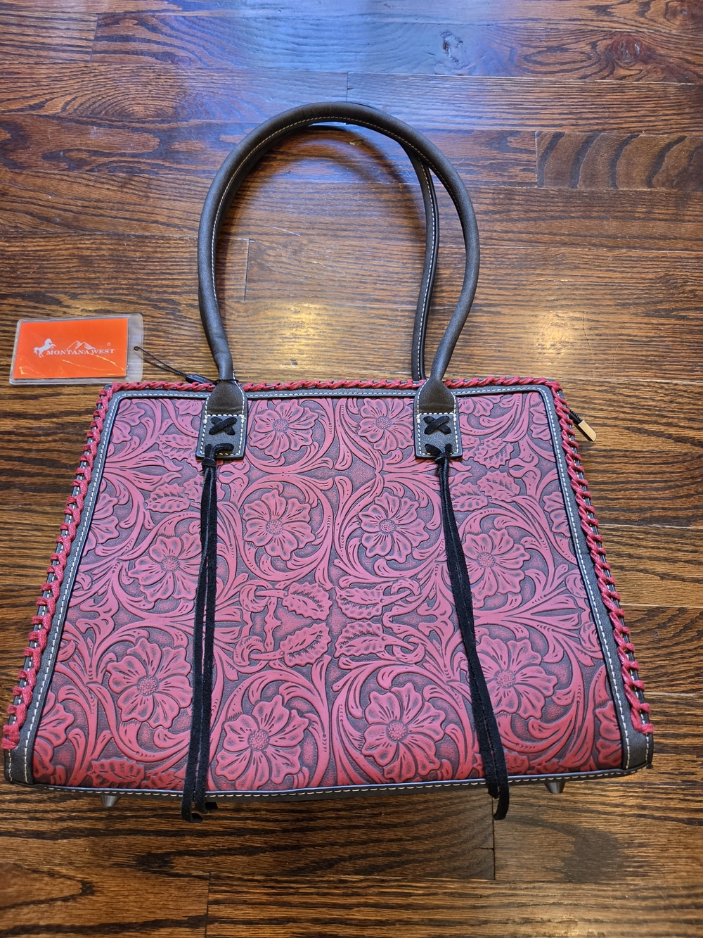 Montana West Red Floral Tooled Tote with Dark Brown Handles and Braided Trim